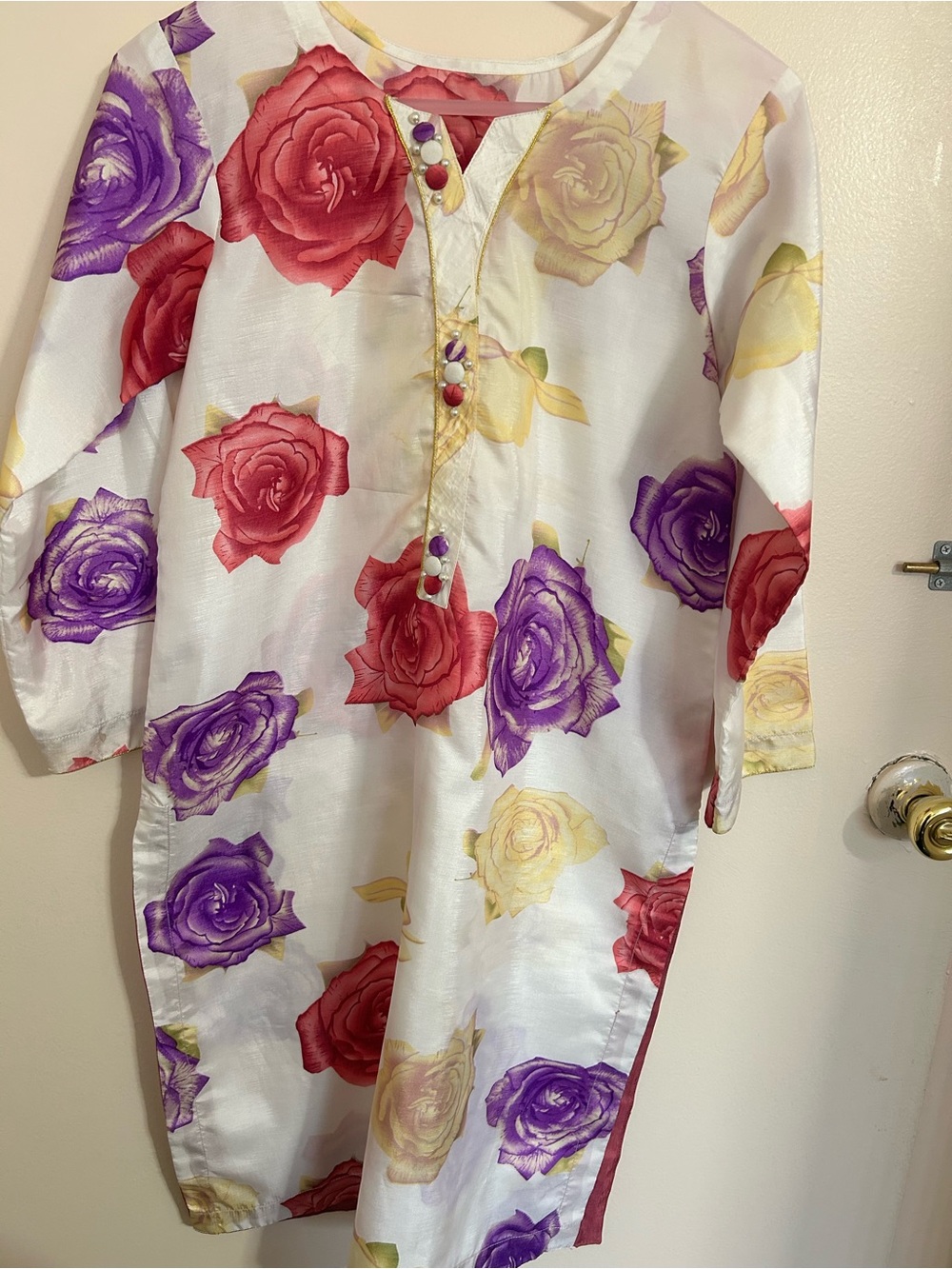 Floral Button-Front Tunic Dress in Red, Purple, Yellow on White
